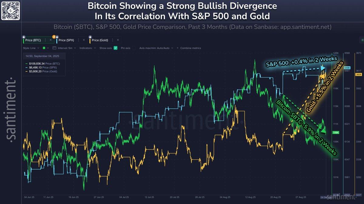 A chart comparing Bitcoin, S&P 500, 和 Gold price trends over three months. Bitcoin price is shown in green, S&P 500 in blue, and Gold in yellow, with lines indicating price movements. Annotations highlight a bullish divergence, with text labels marking price changes since August 22nd. A watermark from Santiment is visible.