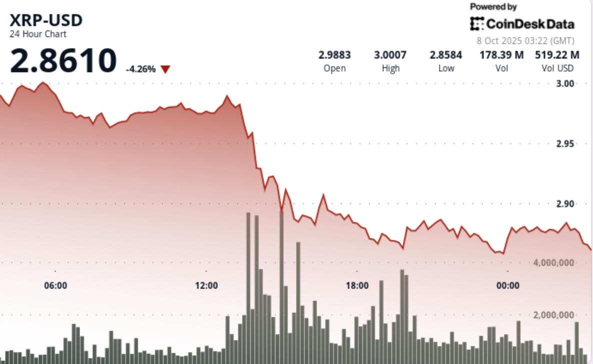 XRP 跌至 2.90 美元支撑位，看涨加密货币押注导致 5 亿美元清算